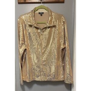 Lisa International Gold Sequin Jacket/Shirt Size Xl Full Zip, Classy, Sexy